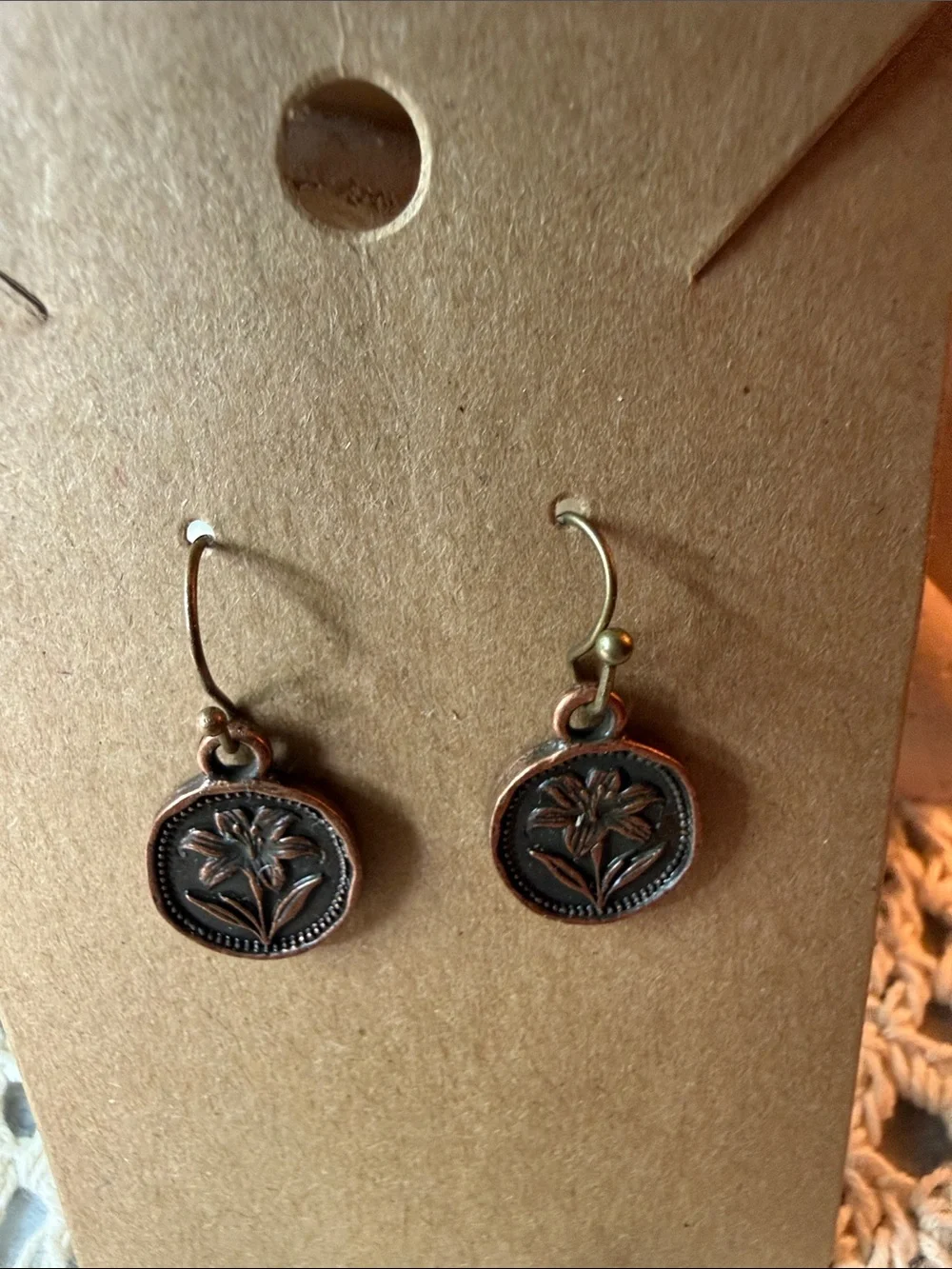 Copper Floral Coin Drop Earrings - Women's Jewelry